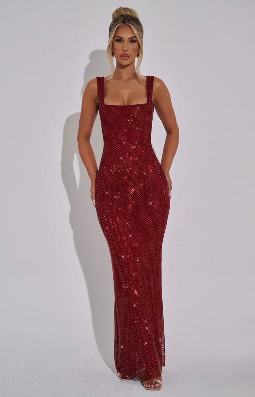 Crystal Mesh Maxi Dress with Square Neck for Evening Events and Formal Occasions