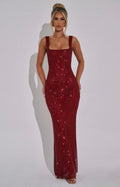 Crystal Mesh Maxi Dress with Square Neck for Evening Events and Formal Occasions