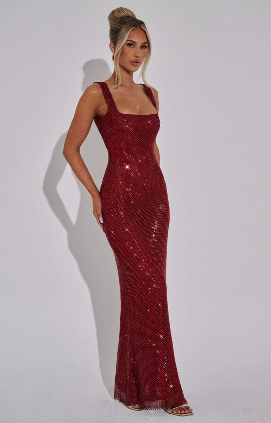 Crystal Mesh Maxi Dress with Square Neck for Evening Events and Formal Occasions