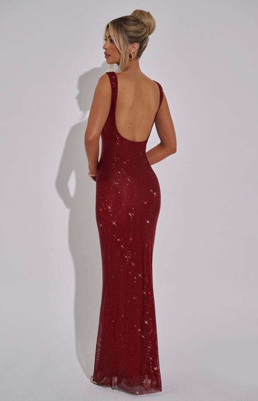 Crystal Mesh Maxi Dress with Square Neck for Evening Events and Formal Occasions