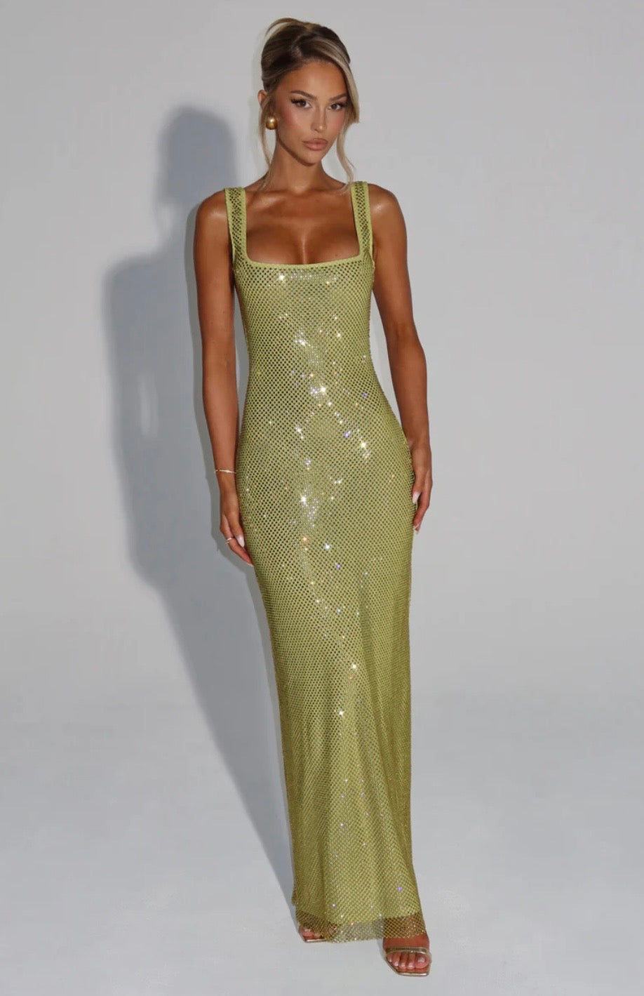 Crystal Mesh Maxi Dress with Square Neck for Evening Events and Formal Occasions