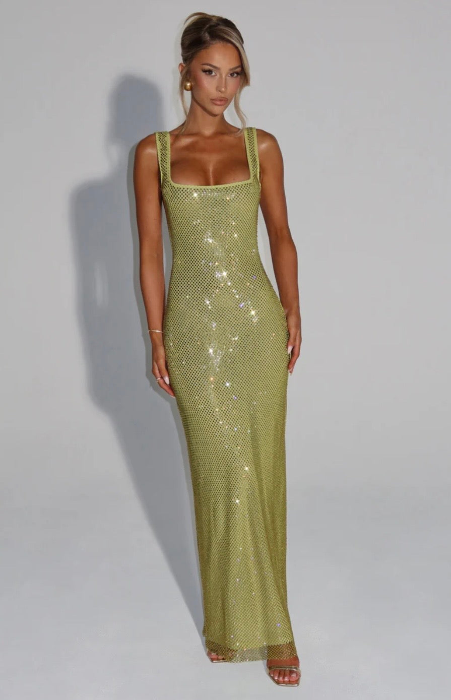 Crystal Mesh Maxi Dress with Square Neck for Evening Events and Formal Occasions