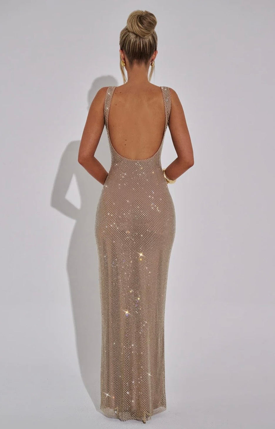 Crystal Mesh Maxi Dress with Square Neck for Evening Events and Formal Occasions