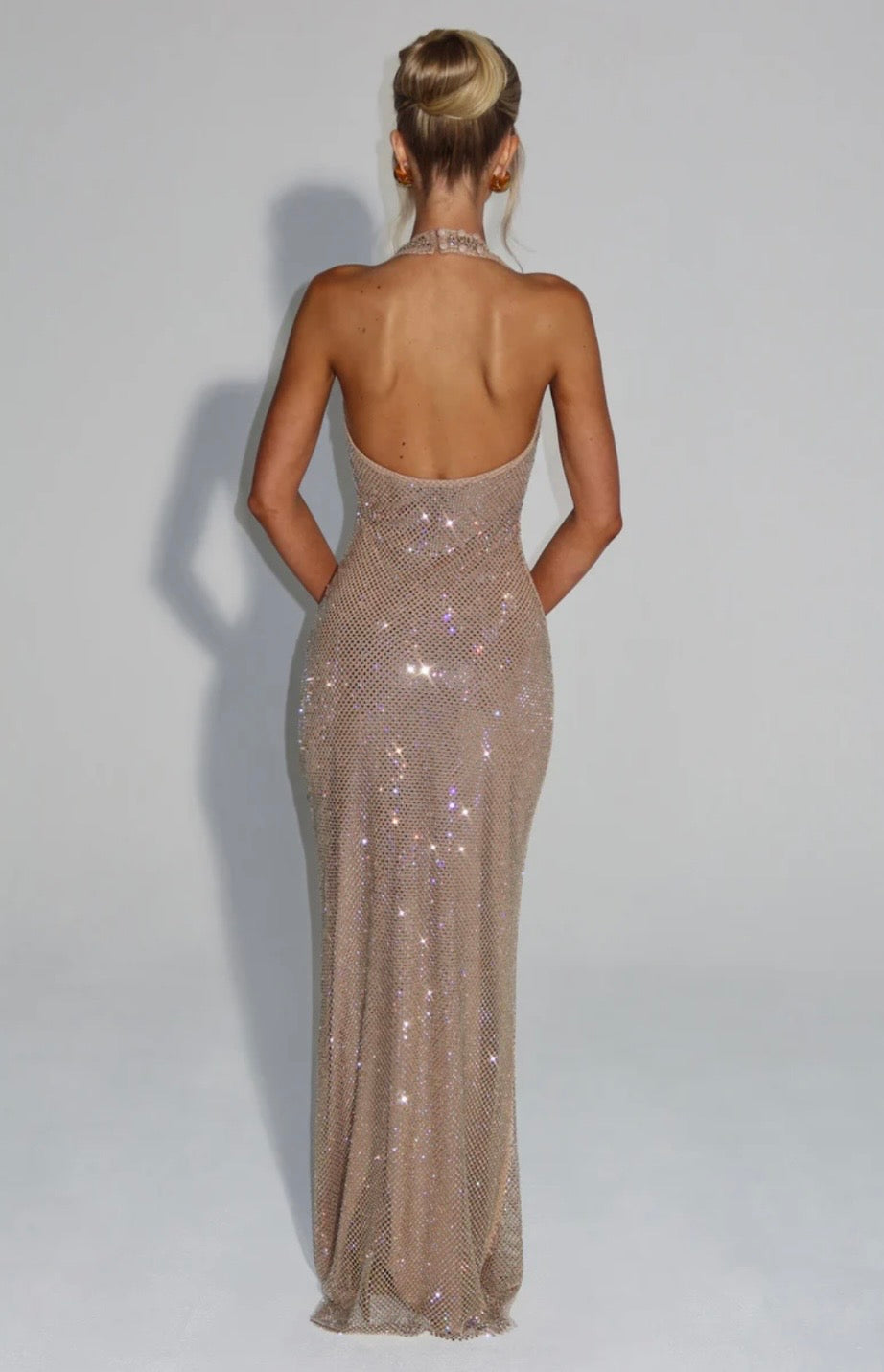 Crystal Mesh Halter Maxi Dress with Plunging Neckline for Evening Events