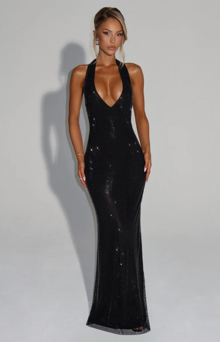 Crystal Mesh Halter Maxi Dress with Plunging Neckline for Evening Events