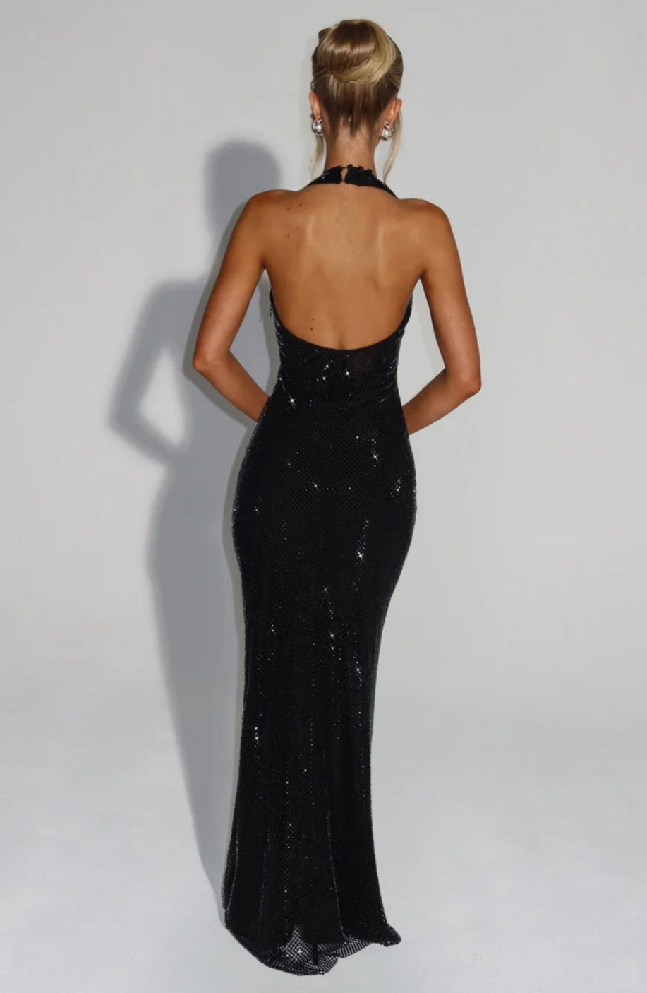 Crystal Mesh Halter Maxi Dress with Plunging Neckline for Evening Events