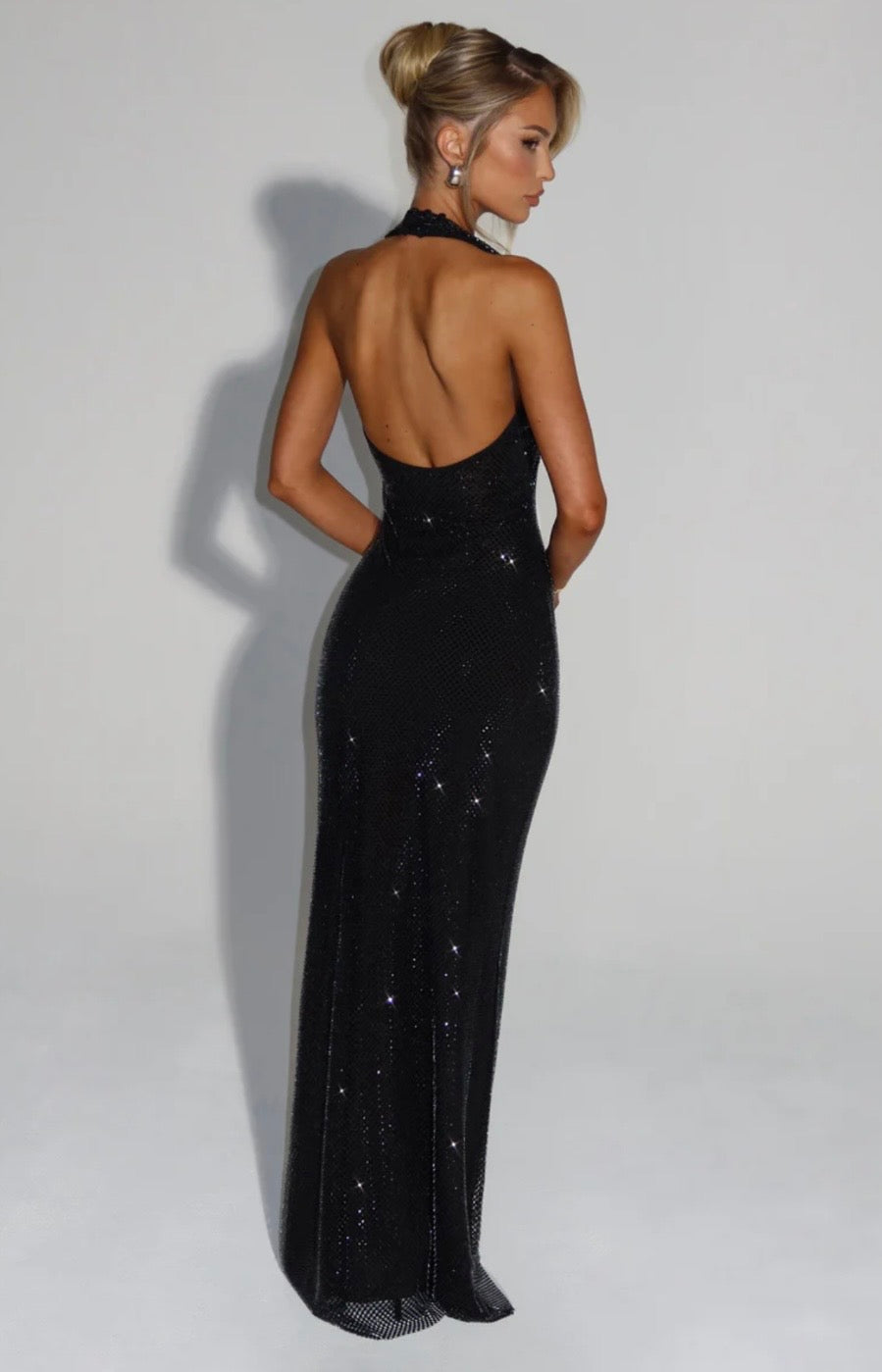 Crystal Mesh Halter Maxi Dress with Plunging Neckline for Evening Events