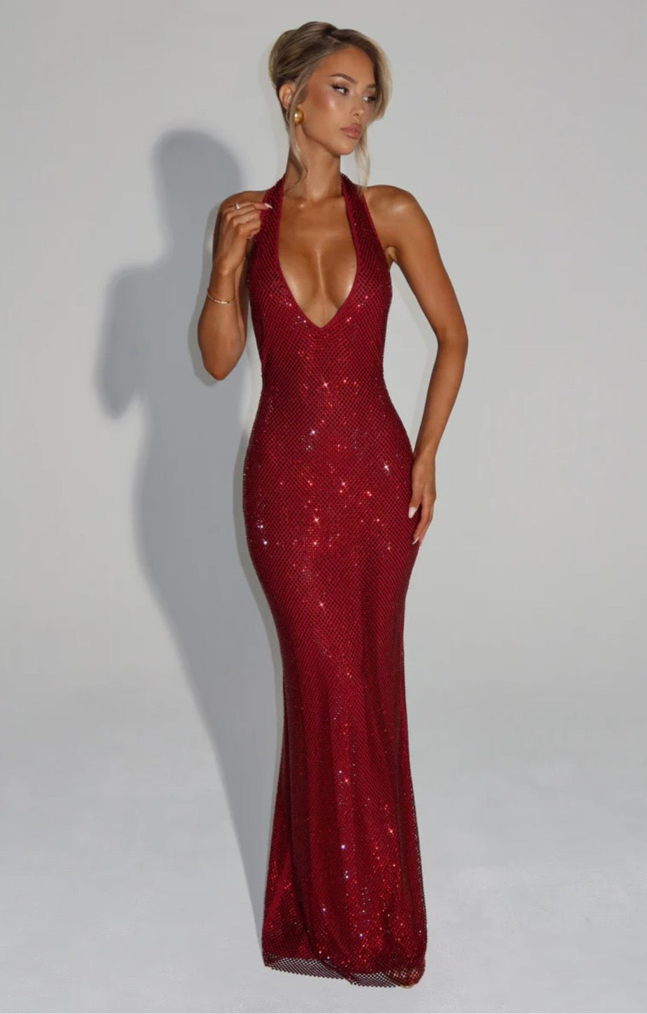 Crystal Mesh Halter Maxi Dress with Plunging Neckline for Evening Events