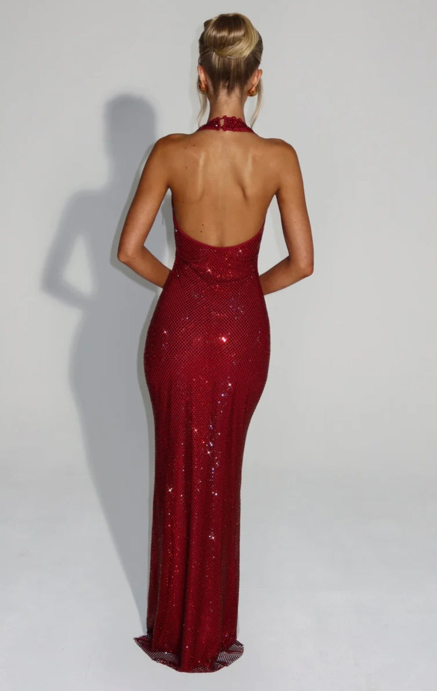 Crystal Mesh Halter Maxi Dress with Plunging Neckline for Evening Events
