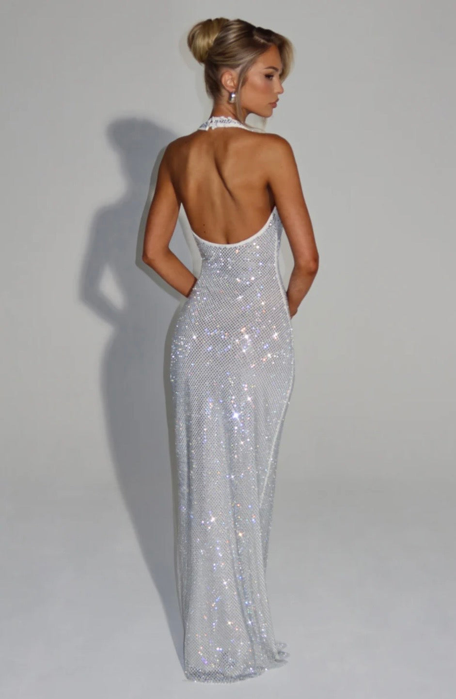 Crystal Mesh Halter Maxi Dress with Plunging Neckline for Evening Events