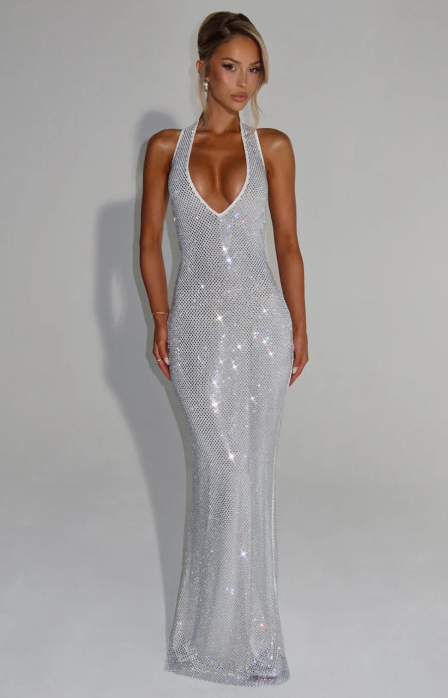 Crystal Mesh Halter Maxi Dress with Plunging Neckline for Evening Events