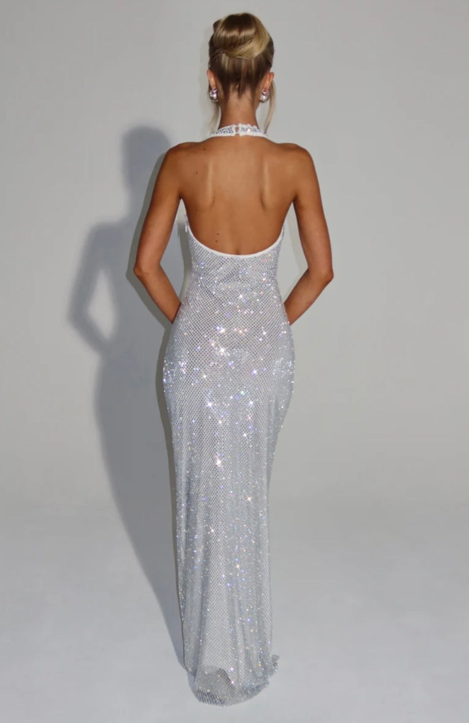 Crystal Mesh Halter Maxi Dress with Plunging Neckline for Evening Events
