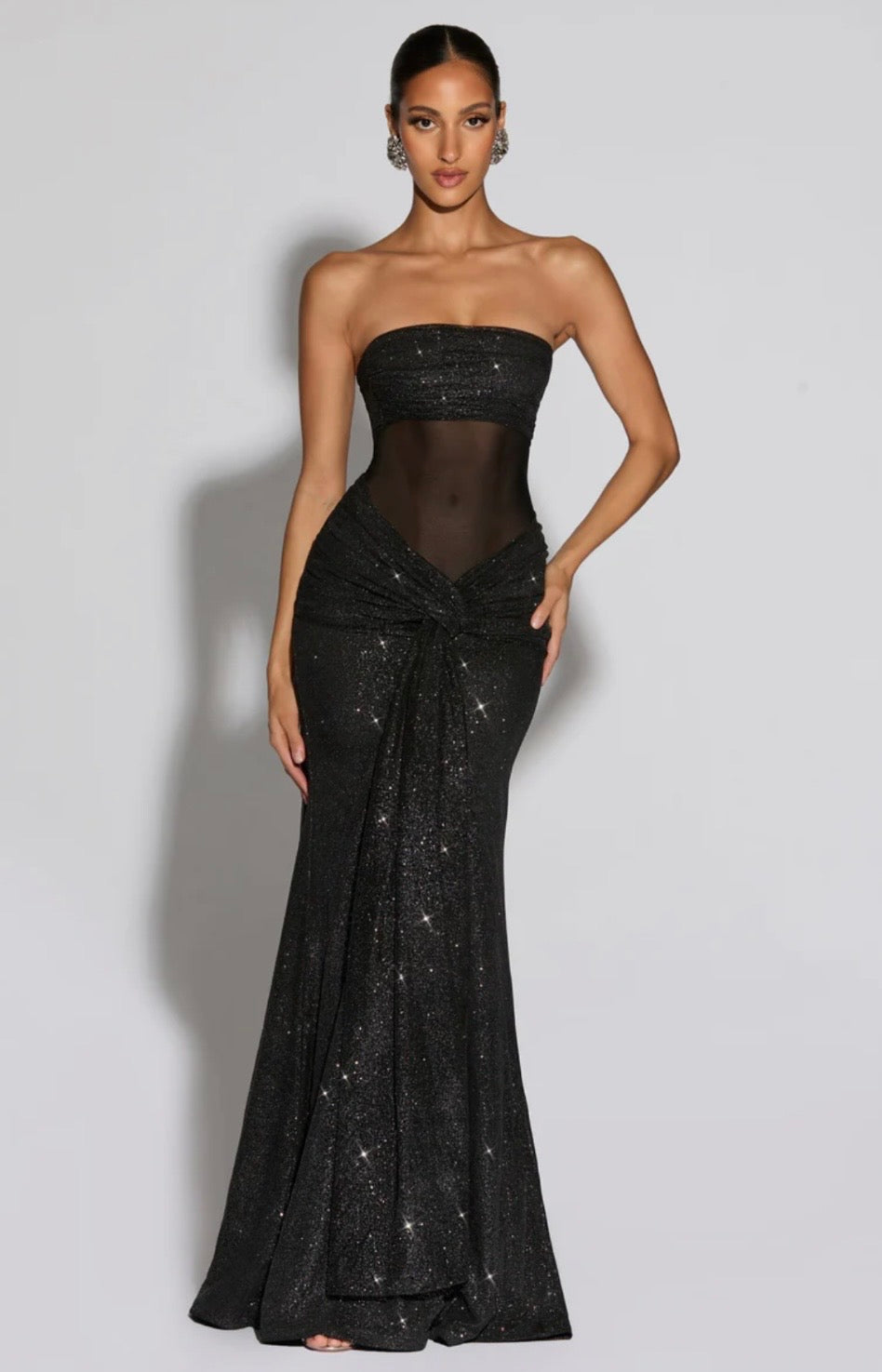 Glittering Mesh Maxi Dress with Sculpted Silhouette for Evening Events