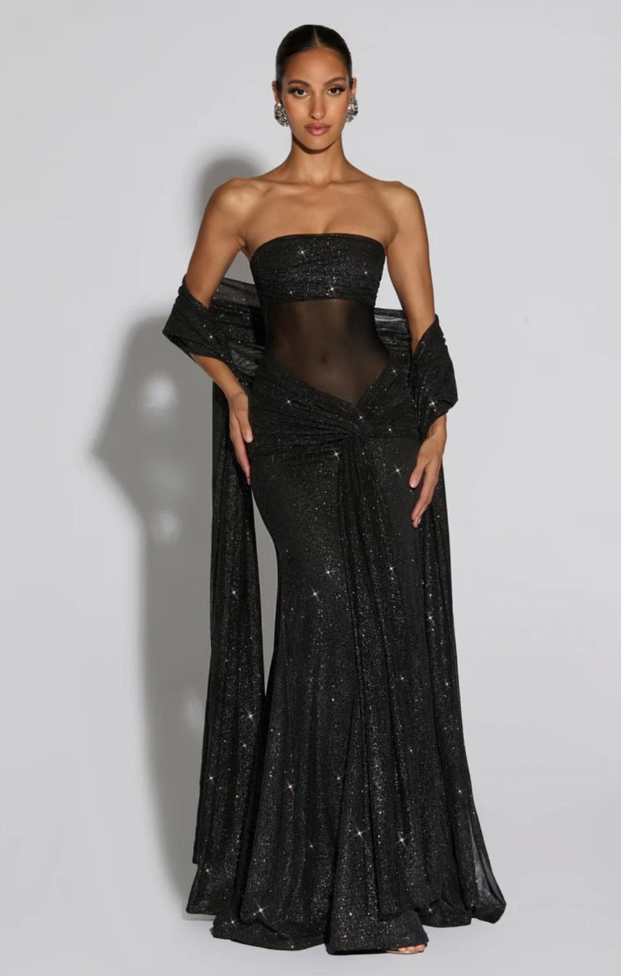 Glittering Mesh Maxi Dress with Sculpted Silhouette for Evening Events
