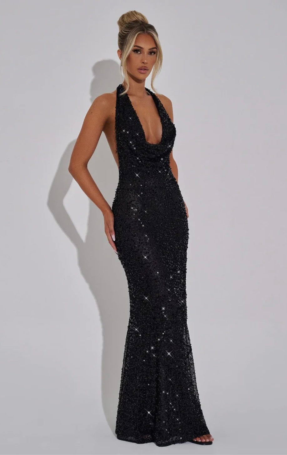 Sequin Open Back Halter Maxi Dress Women UK – Evening Gown, Wedding Guest