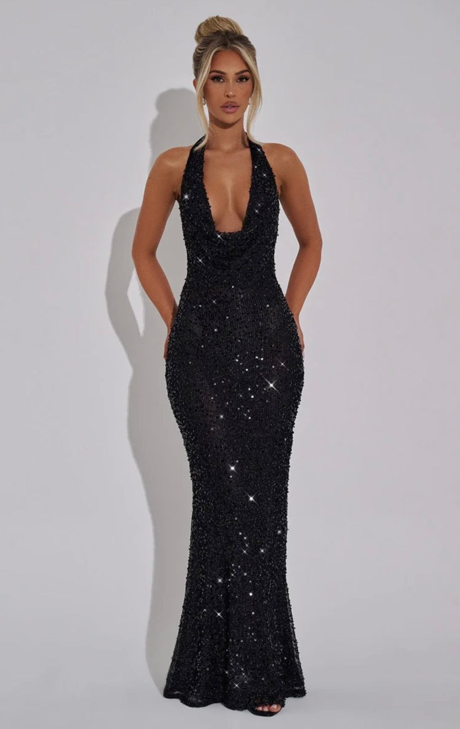 Sequin Open Back Halter Maxi Dress Women UK – Evening Gown, Wedding Guest