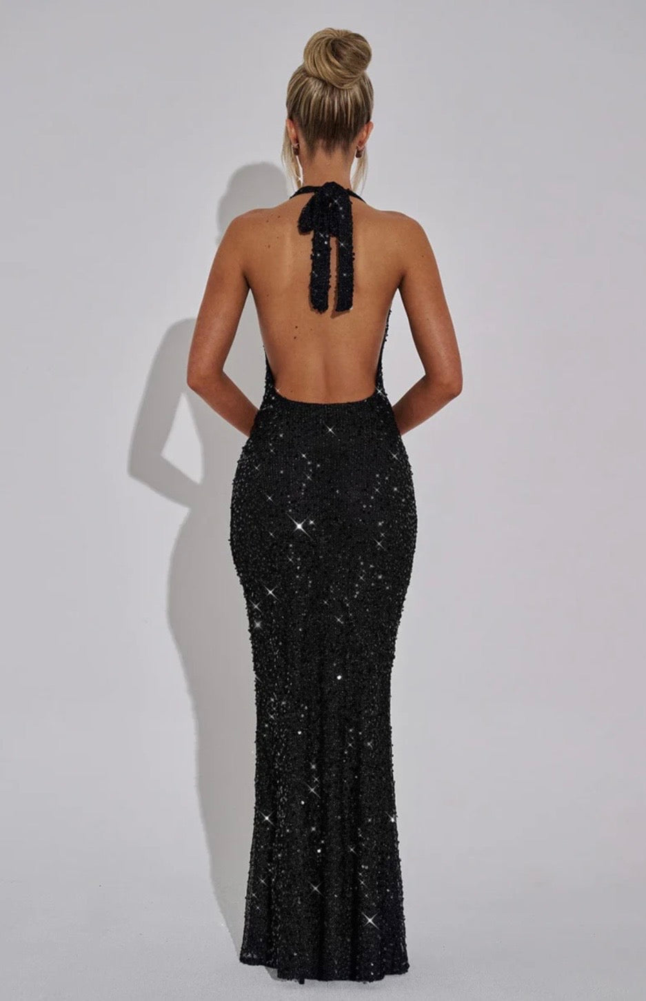 Sequin Open Back Halter Maxi Dress Women UK – Evening Gown, Wedding Guest
