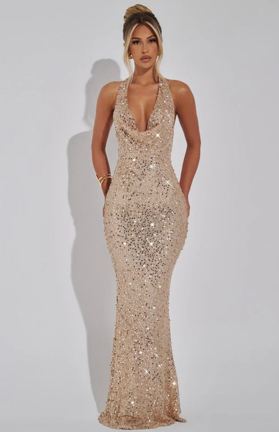 Sequin Open Back Halter Maxi Dress Women UK – Evening Gown, Wedding Guest