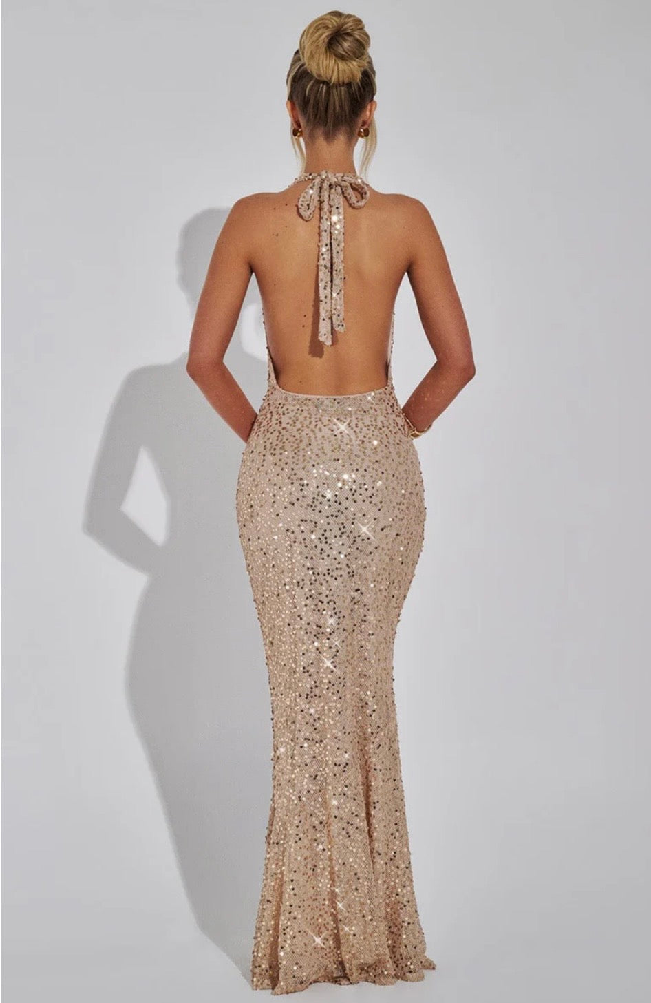 Sequin Open Back Halter Maxi Dress Women UK – Evening Gown, Wedding Guest
