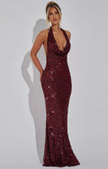 Sequin Open Back Halter Maxi Dress Women UK – Evening Gown, Wedding Guest