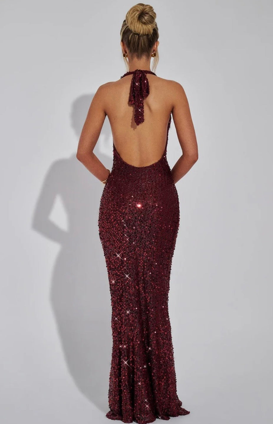 Sequin Open Back Halter Maxi Dress Women UK – Evening Gown, Wedding Guest