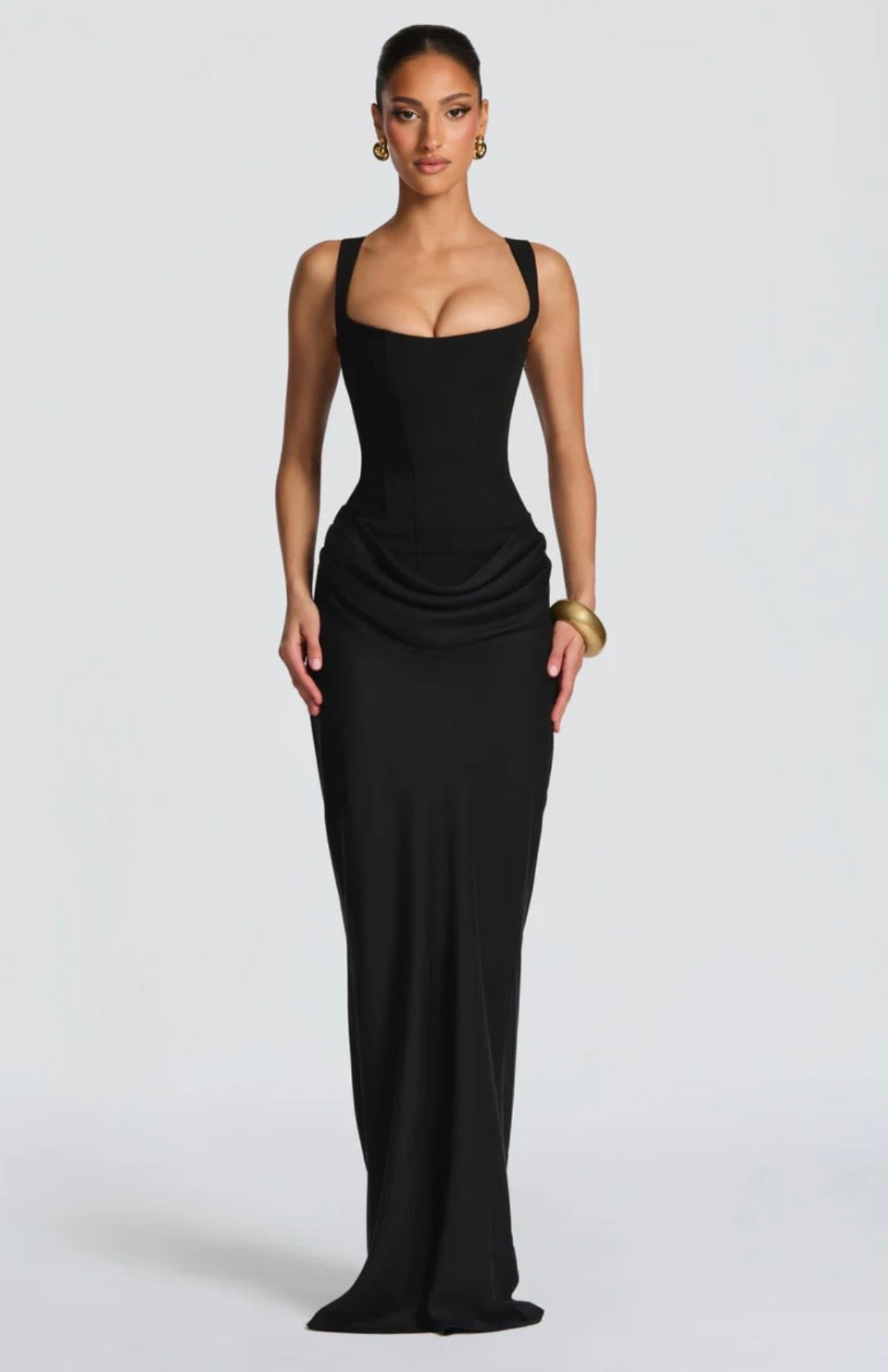 Lowered Waist Square Neck Crepe Maxi Dress for Formal Events