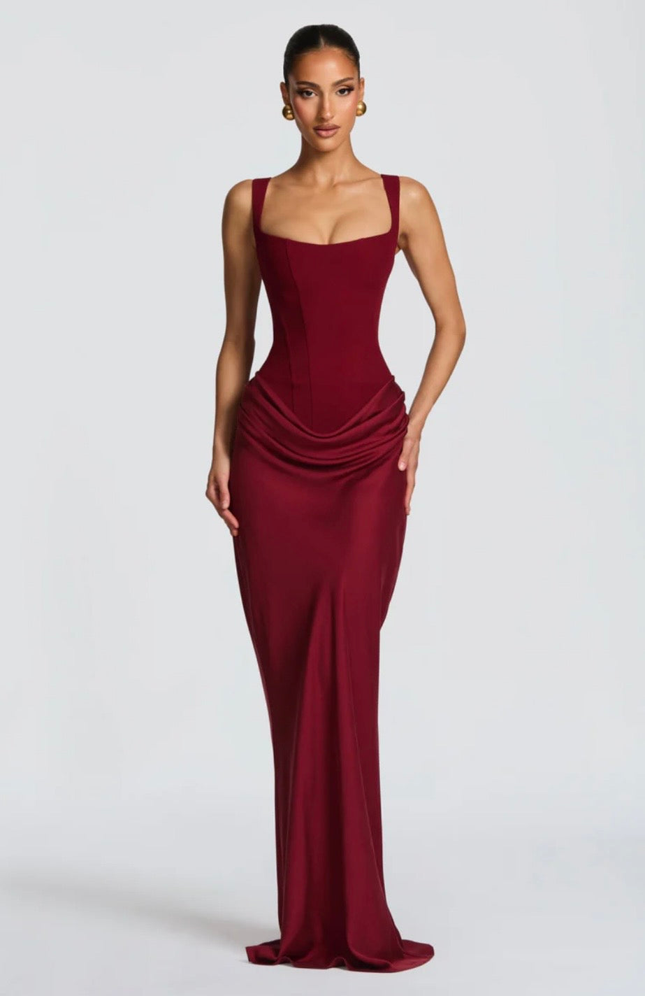 Lowered Waist Square Neck Crepe Maxi Dress for Formal Events