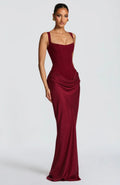 Lowered Waist Square Neck Crepe Maxi Dress for Formal Events