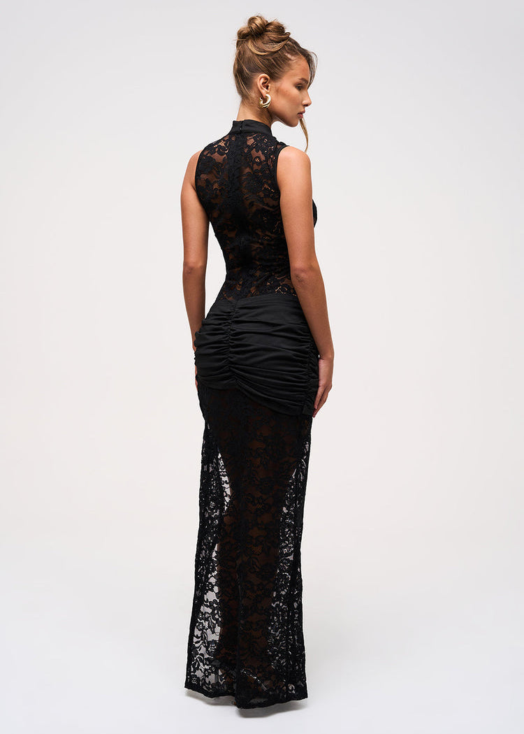 Black Lace Maxi Dress with Gold Accents and High Slit for Evening Events