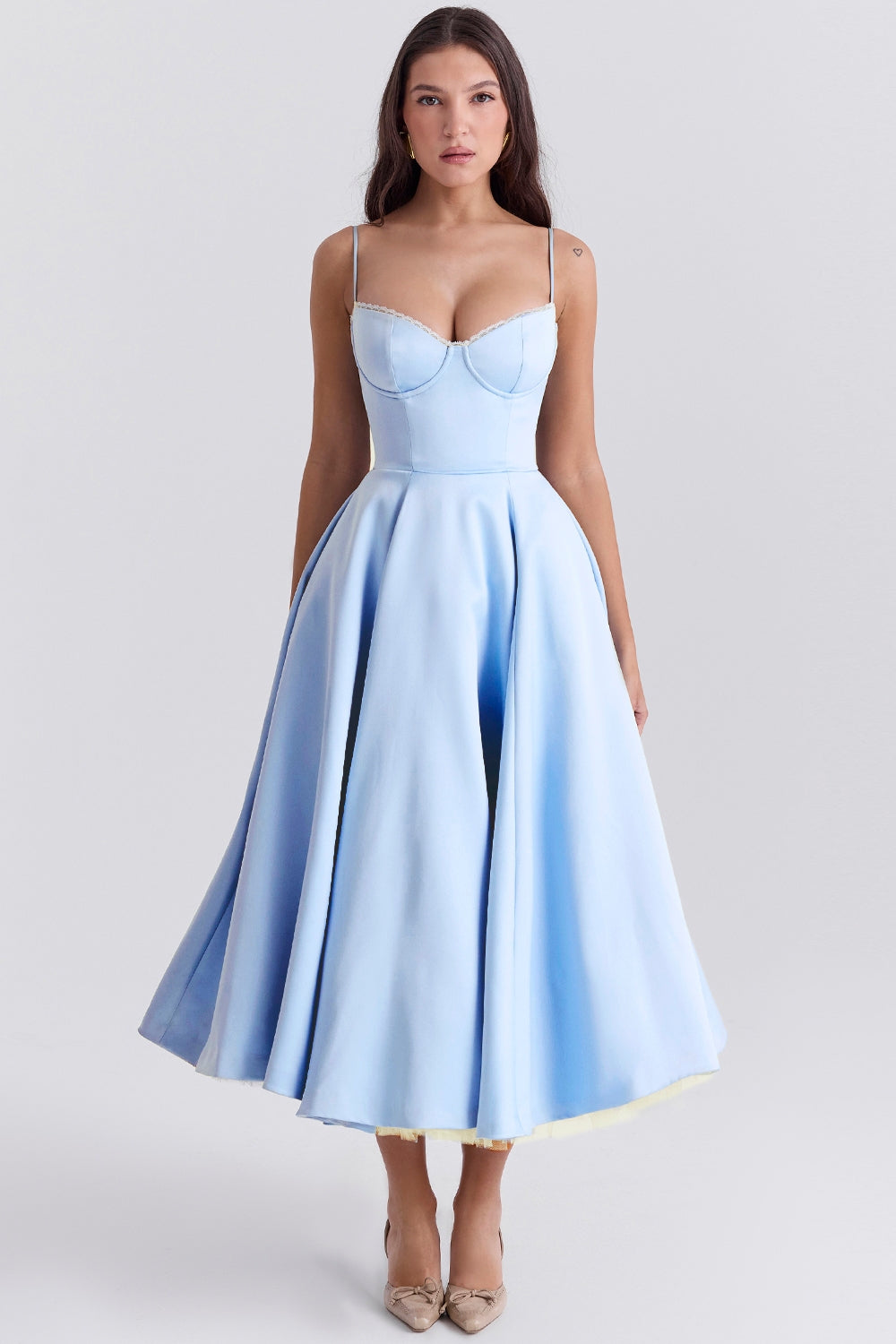 Structured Satin Midi Dress Women UK – Luxurious Corset Bodice, Wedding Guest & Cocktail