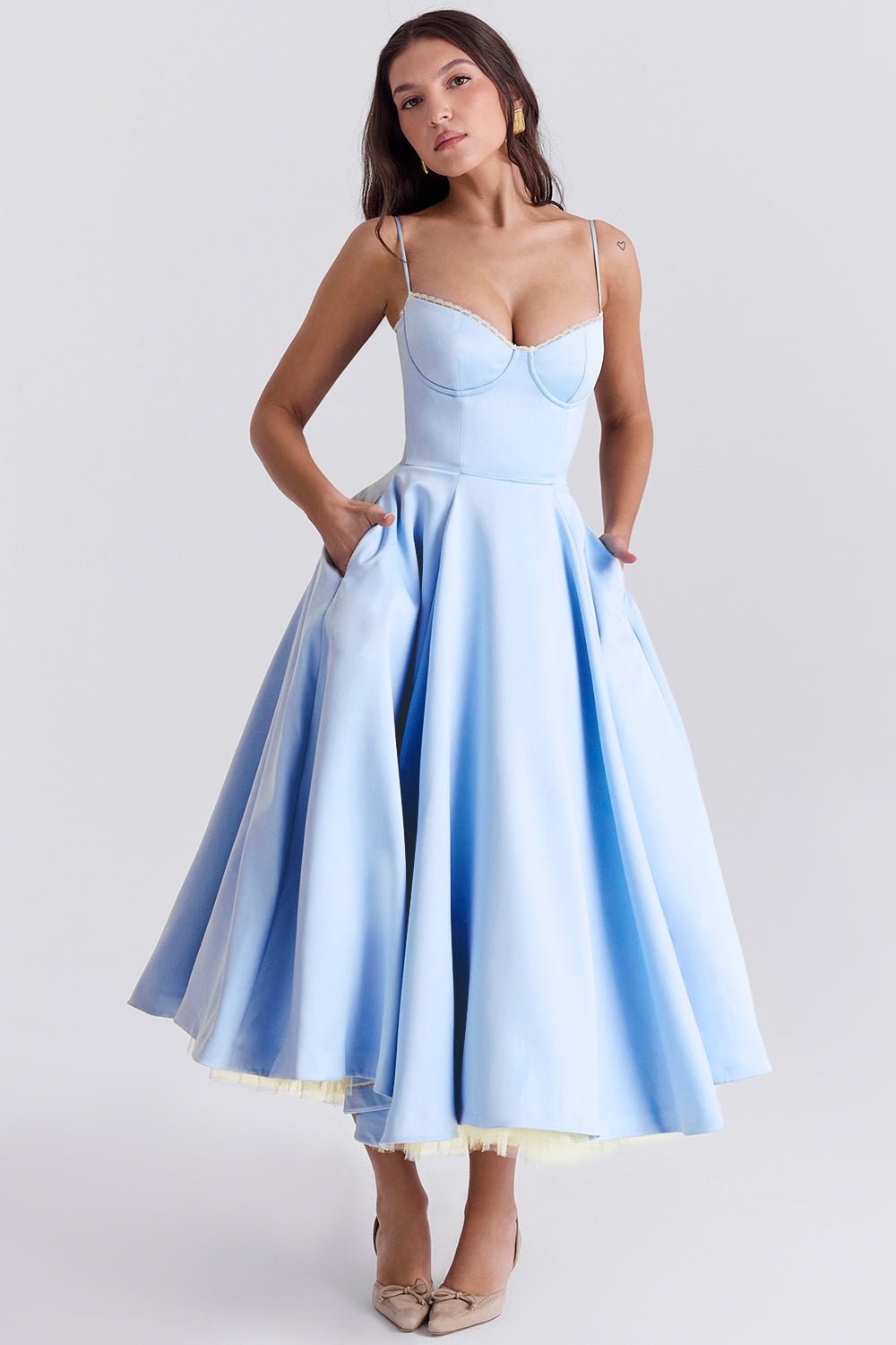 Structured Satin Midi Dress Women UK – Luxurious Corset Bodice, Wedding Guest & Cocktail