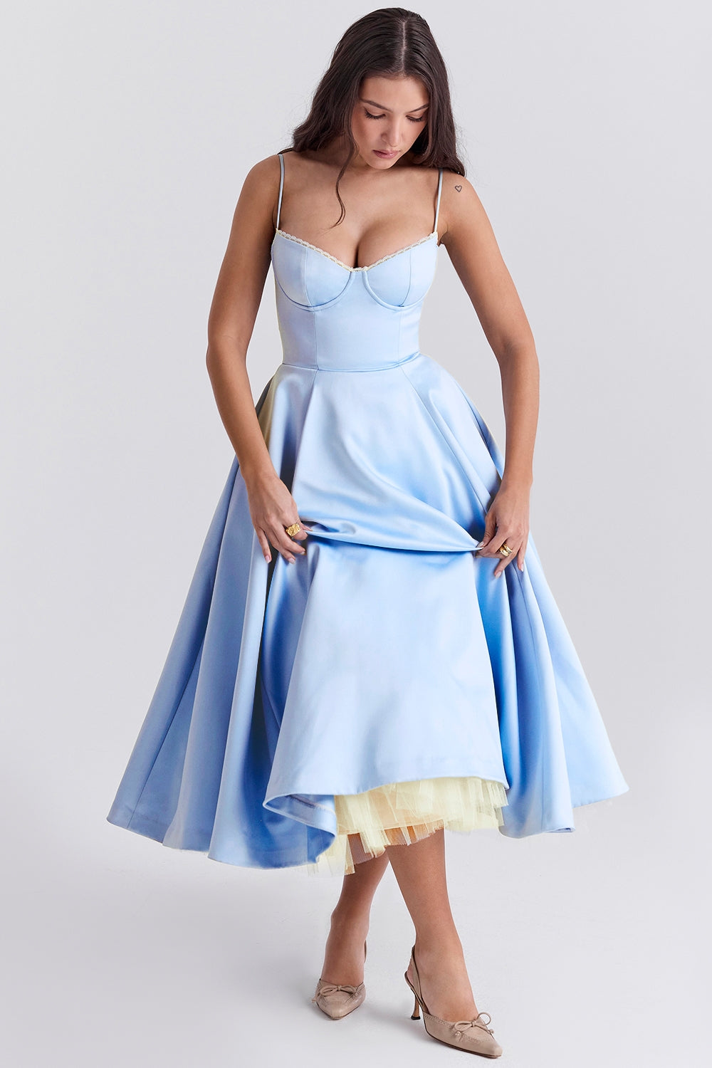 Structured Satin Midi Dress Women UK – Luxurious Corset Bodice, Wedding Guest & Cocktail