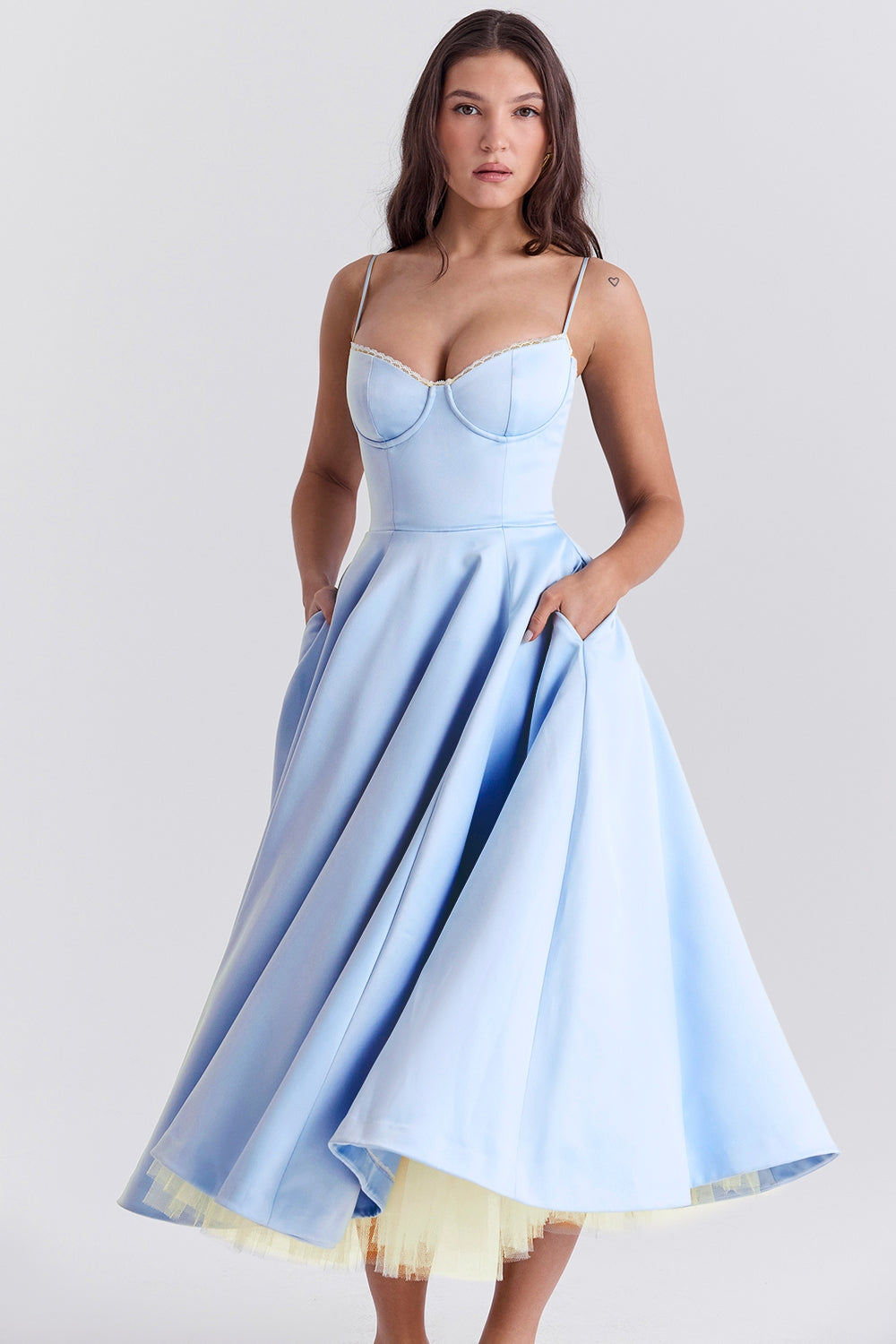 Structured Satin Midi Dress Women UK – Luxurious Corset Bodice, Wedding Guest & Cocktail