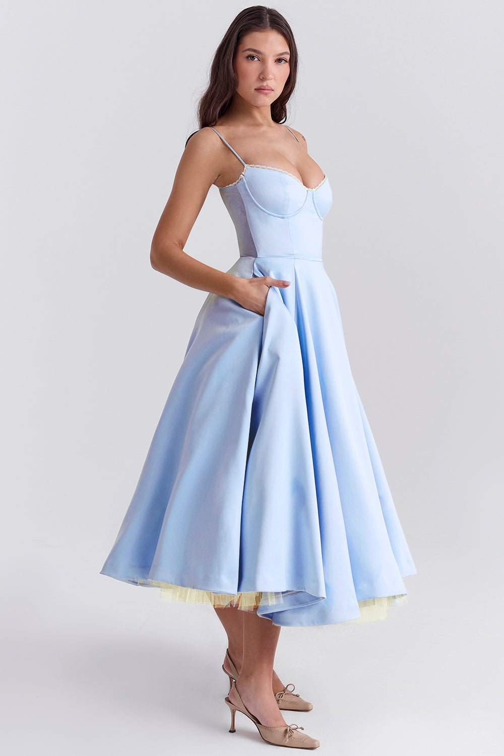 Structured Satin Midi Dress Women UK – Luxurious Corset Bodice, Wedding Guest & Cocktail