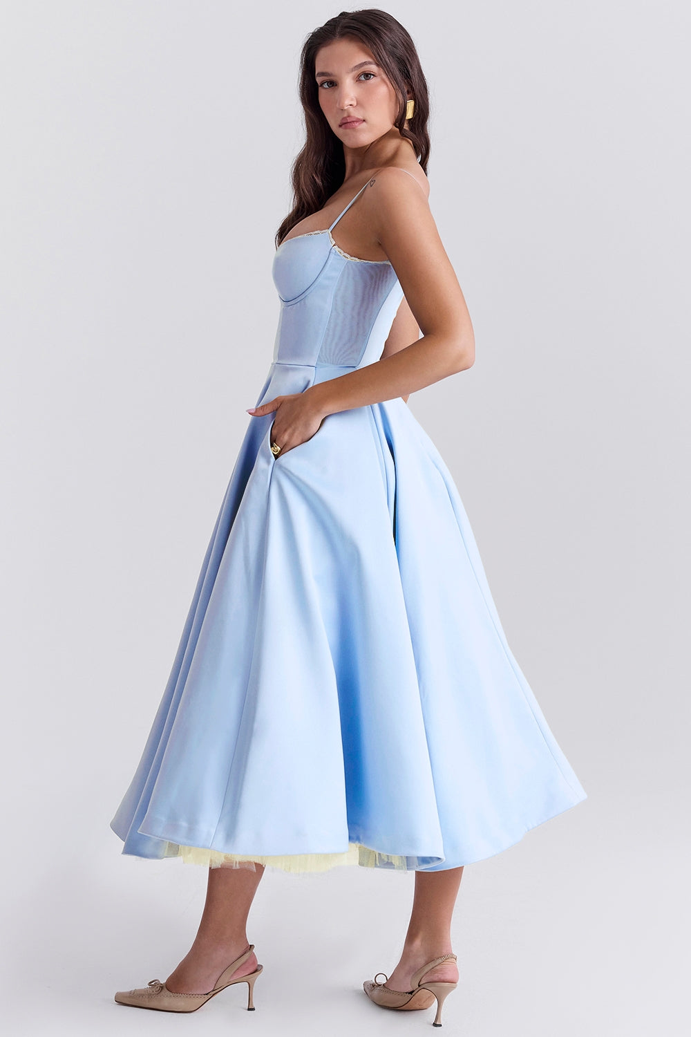 Structured Satin Midi Dress Women UK – Luxurious Corset Bodice, Wedding Guest & Cocktail