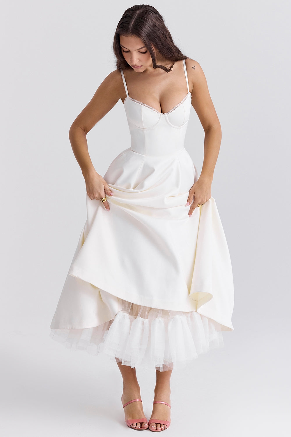 Structured Satin Midi Dress Women UK – Luxurious Corset Bodice, Wedding Guest & Cocktail