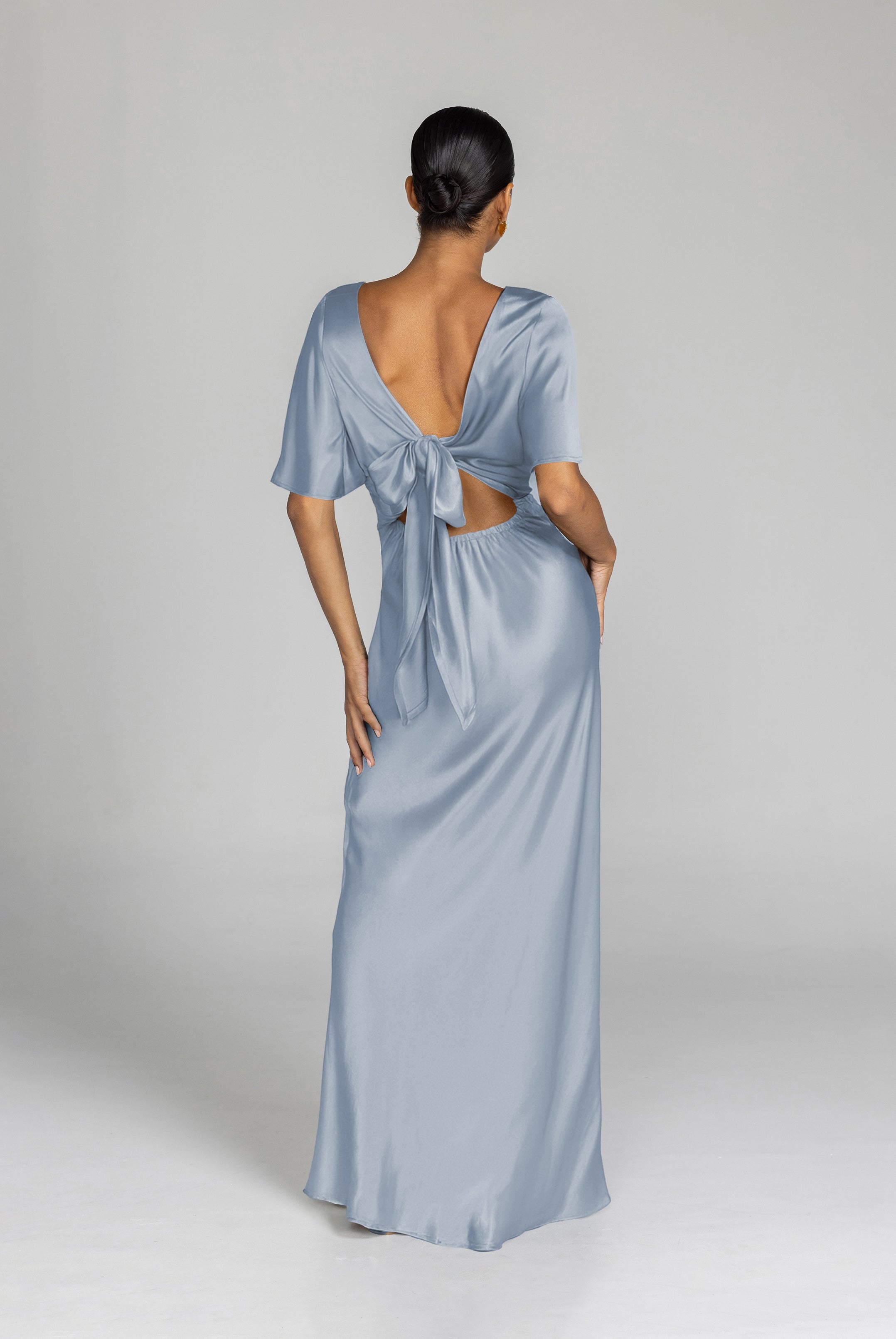 Ice Blue Satin Midi Dress - Elegant Evening Wear for Special Occasions