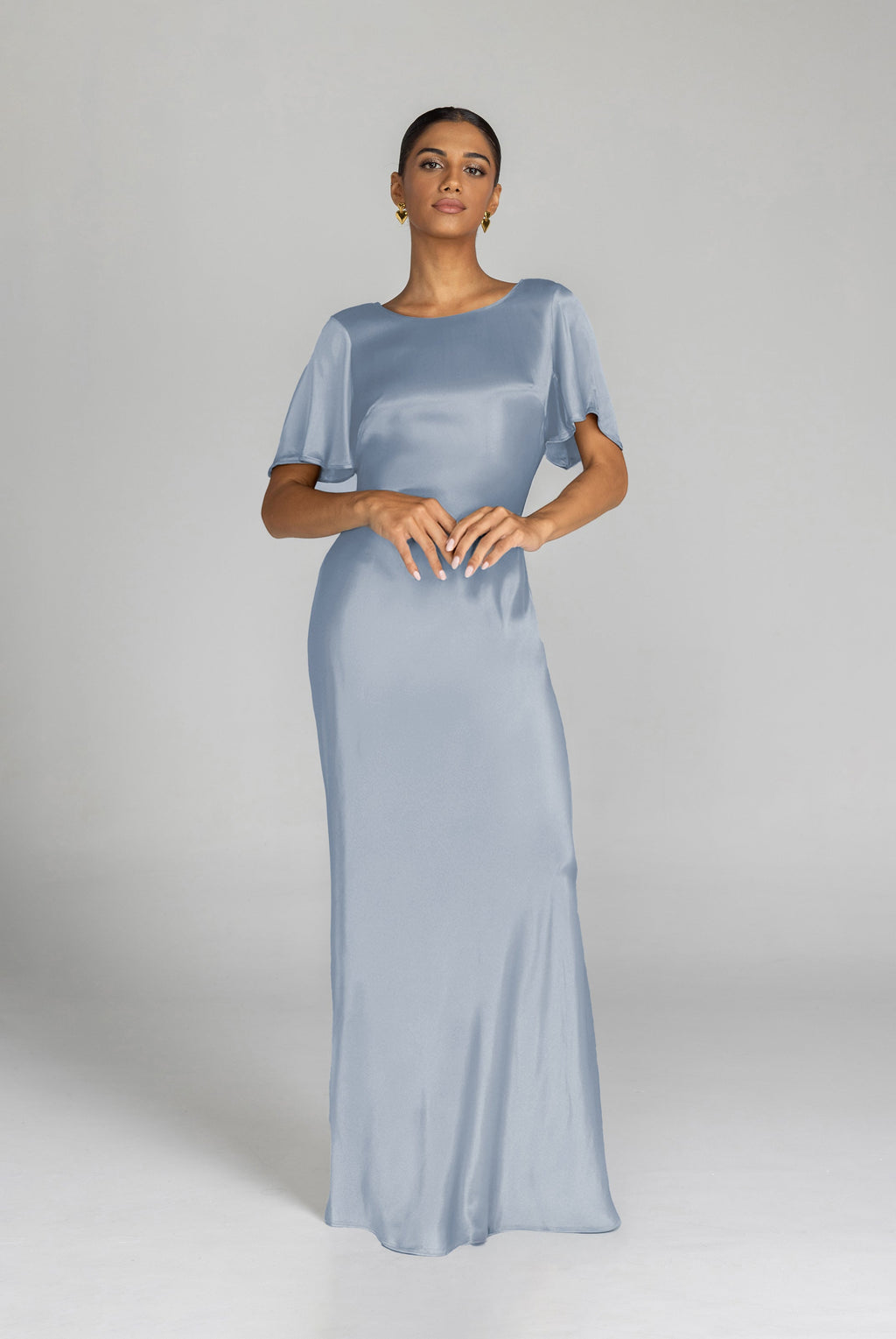 Ice Blue Satin Midi Dress - Elegant Evening Wear for Special Occasions