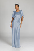 Ice Blue Satin Midi Dress - Elegant Evening Wear for Special Occasions