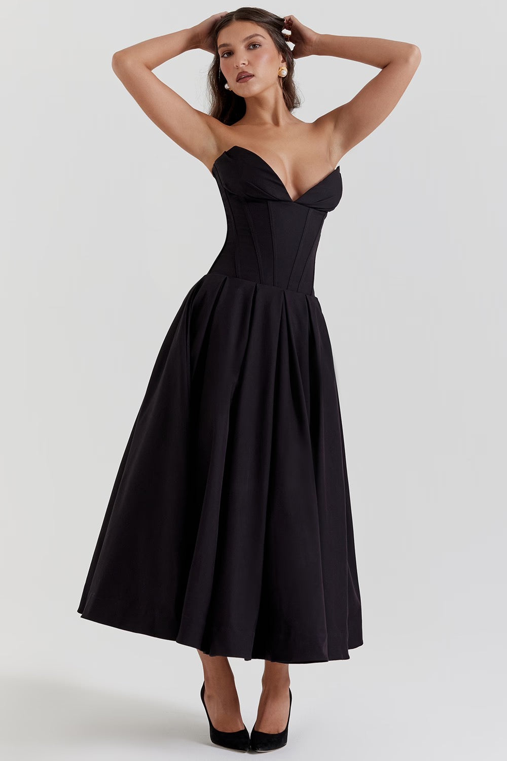 Black Pleated Boned Midi Dress Women UK – Romantic Silhouette Wedding Guest Evening Gown, Cocktail