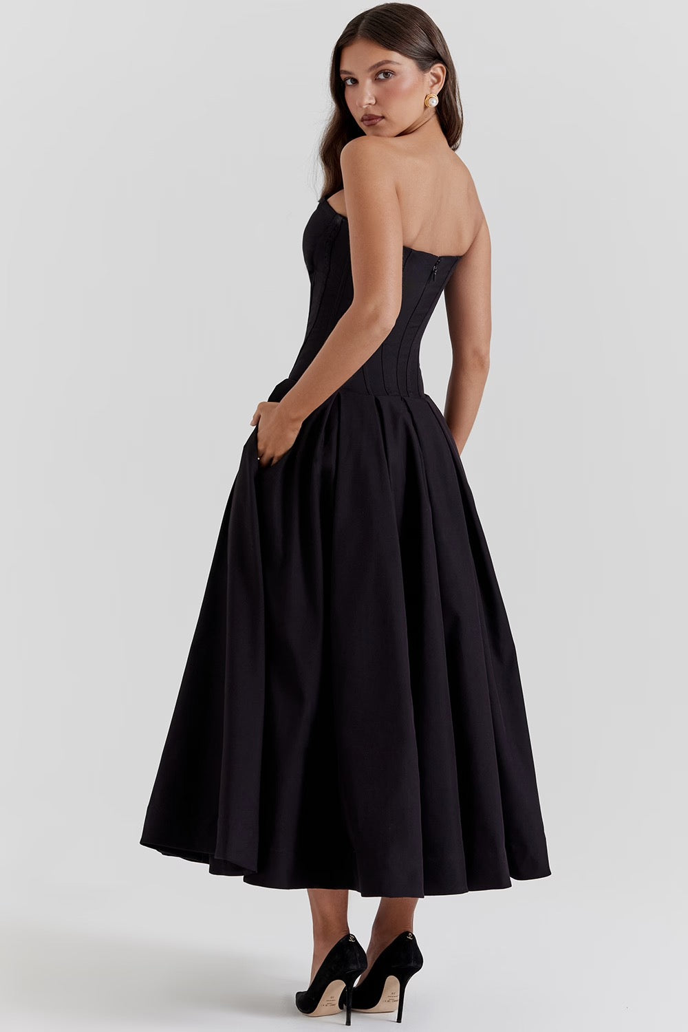 Black Pleated Boned Midi Dress Women UK – Romantic Silhouette Wedding Guest Evening Gown, Cocktail