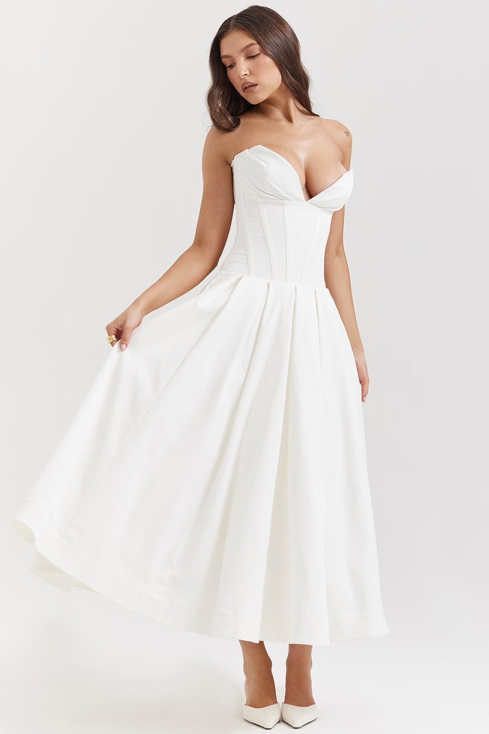Black Pleated Boned Midi Dress Women UK – Romantic Silhouette Wedding Guest Evening Gown, Cocktail