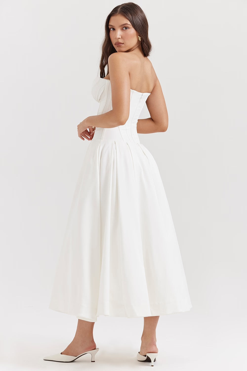 Black Pleated Boned Midi Dress Women UK – Romantic Silhouette Wedding Guest Evening Gown, Cocktail