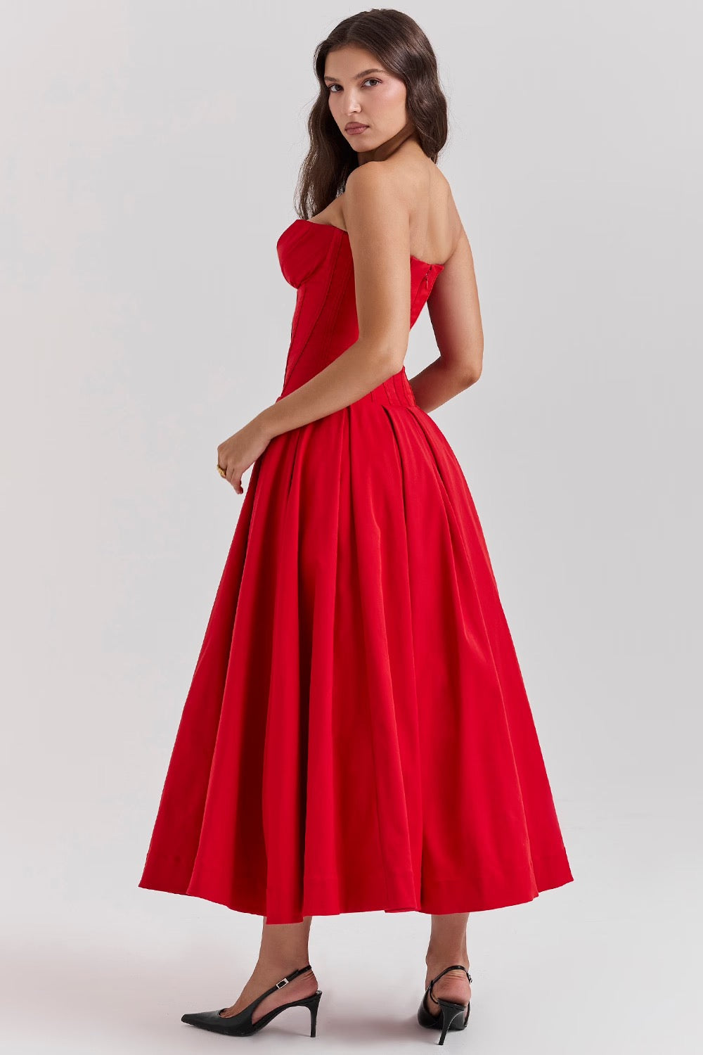 Black Pleated Boned Midi Dress Women UK – Romantic Silhouette Wedding Guest Evening Gown, Cocktail