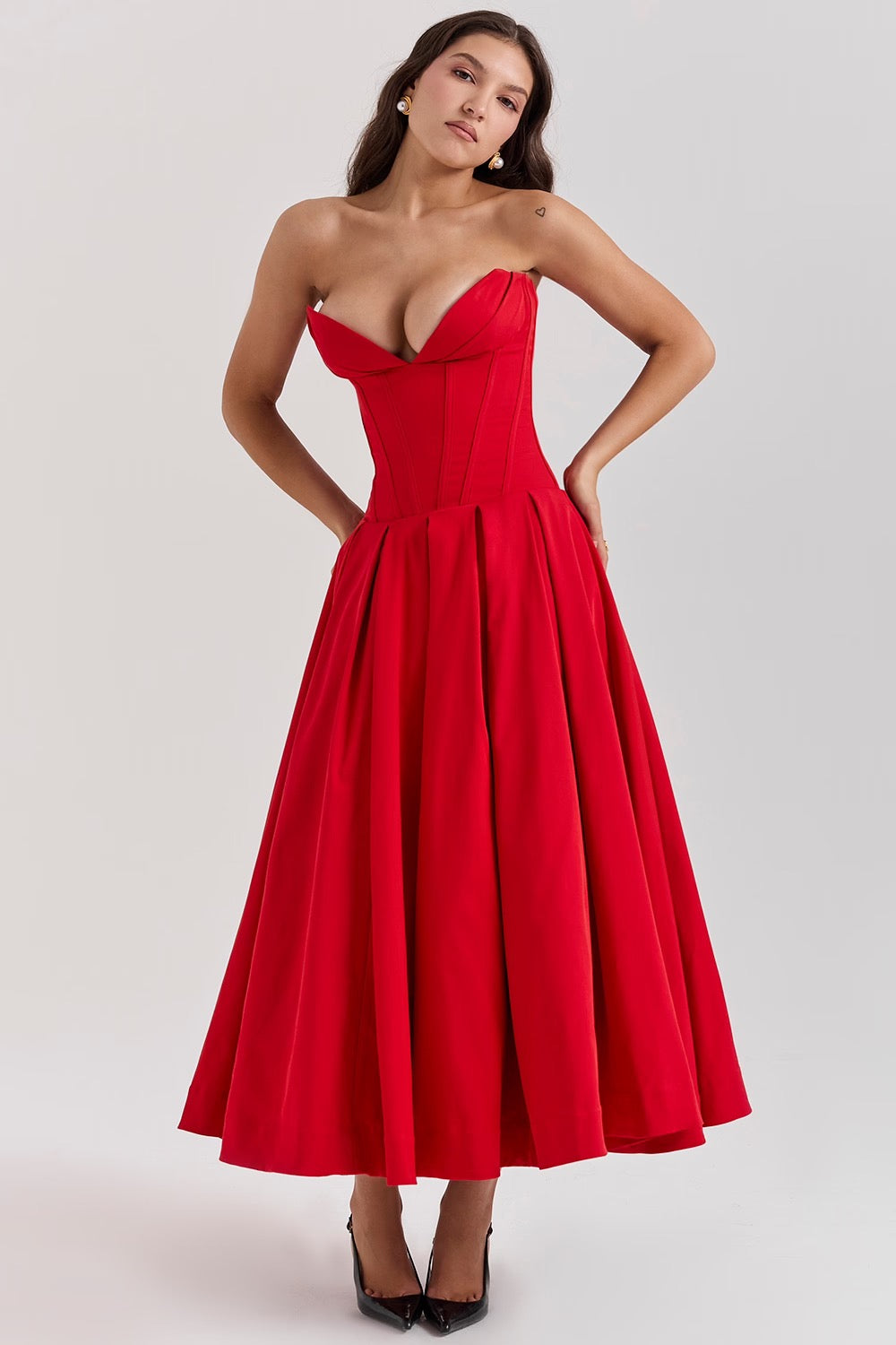 Black Pleated Boned Midi Dress Women UK – Romantic Silhouette Wedding Guest Evening Gown, Cocktail