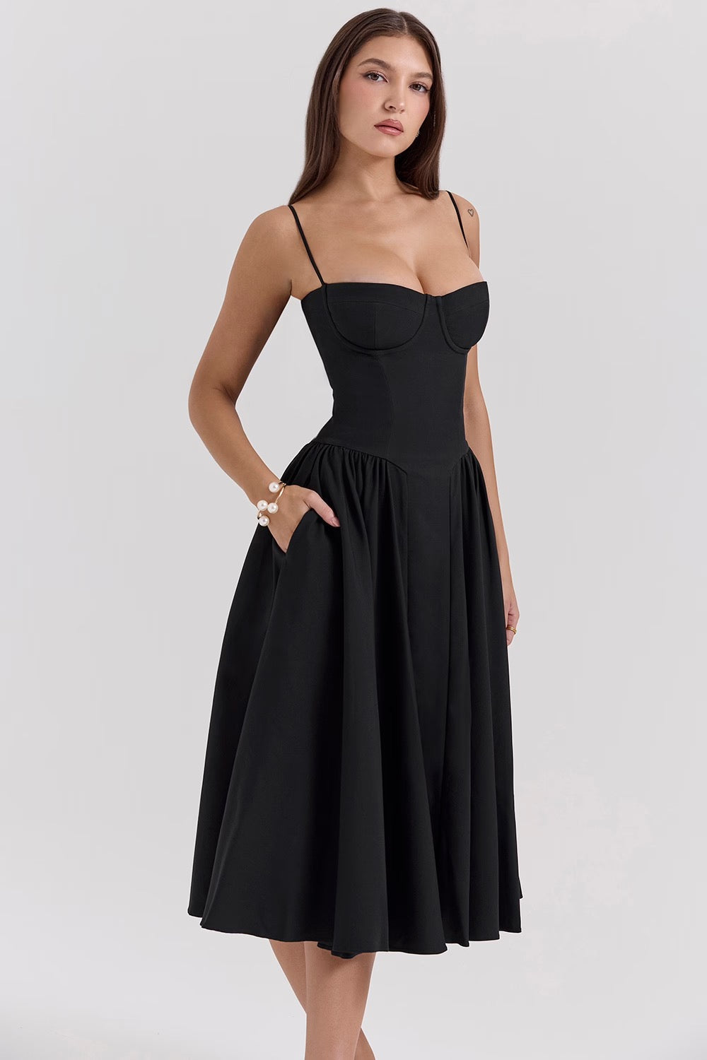 Black Twill Underwired Sweetheart Midi Dress Women UK – Evening Wear Cocktail, Formal Occasion