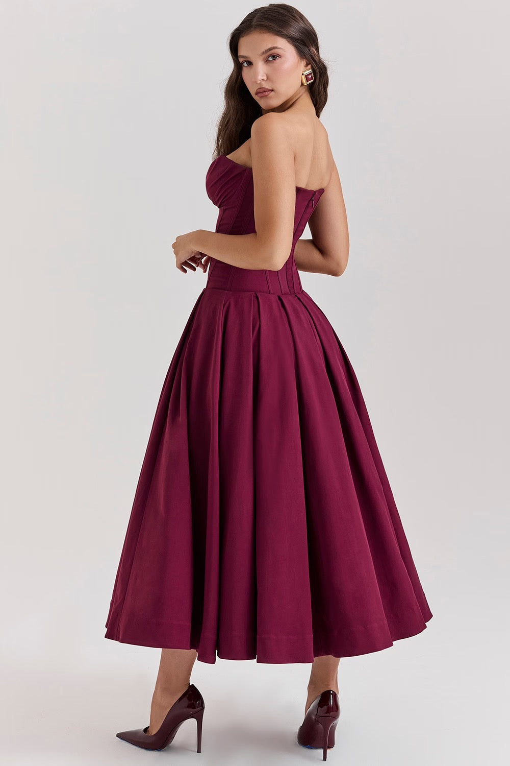 Black Pleated Boned Midi Dress Women UK – Romantic Silhouette Wedding Guest Evening Gown, Cocktail