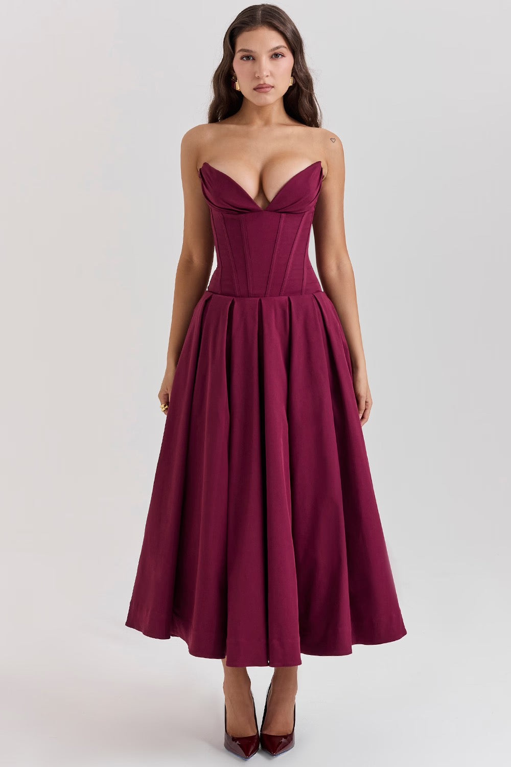 Black Pleated Boned Midi Dress Women UK – Romantic Silhouette Wedding Guest Evening Gown, Cocktail