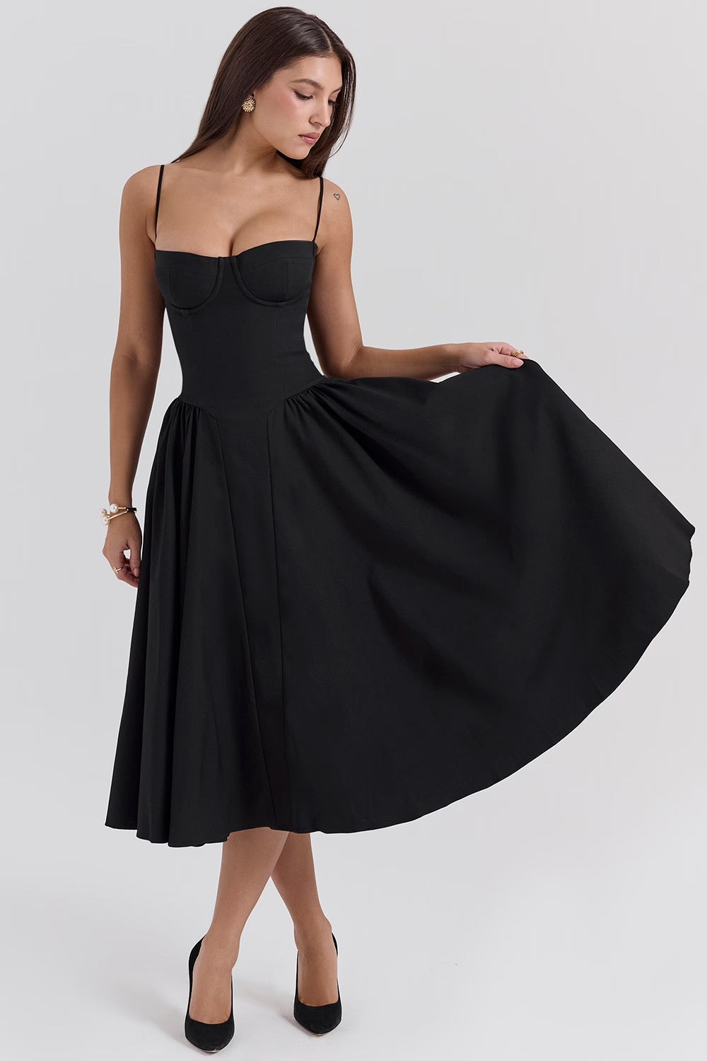 Black Twill Underwired Sweetheart Midi Dress Women UK – Evening Wear Cocktail, Formal Occasion