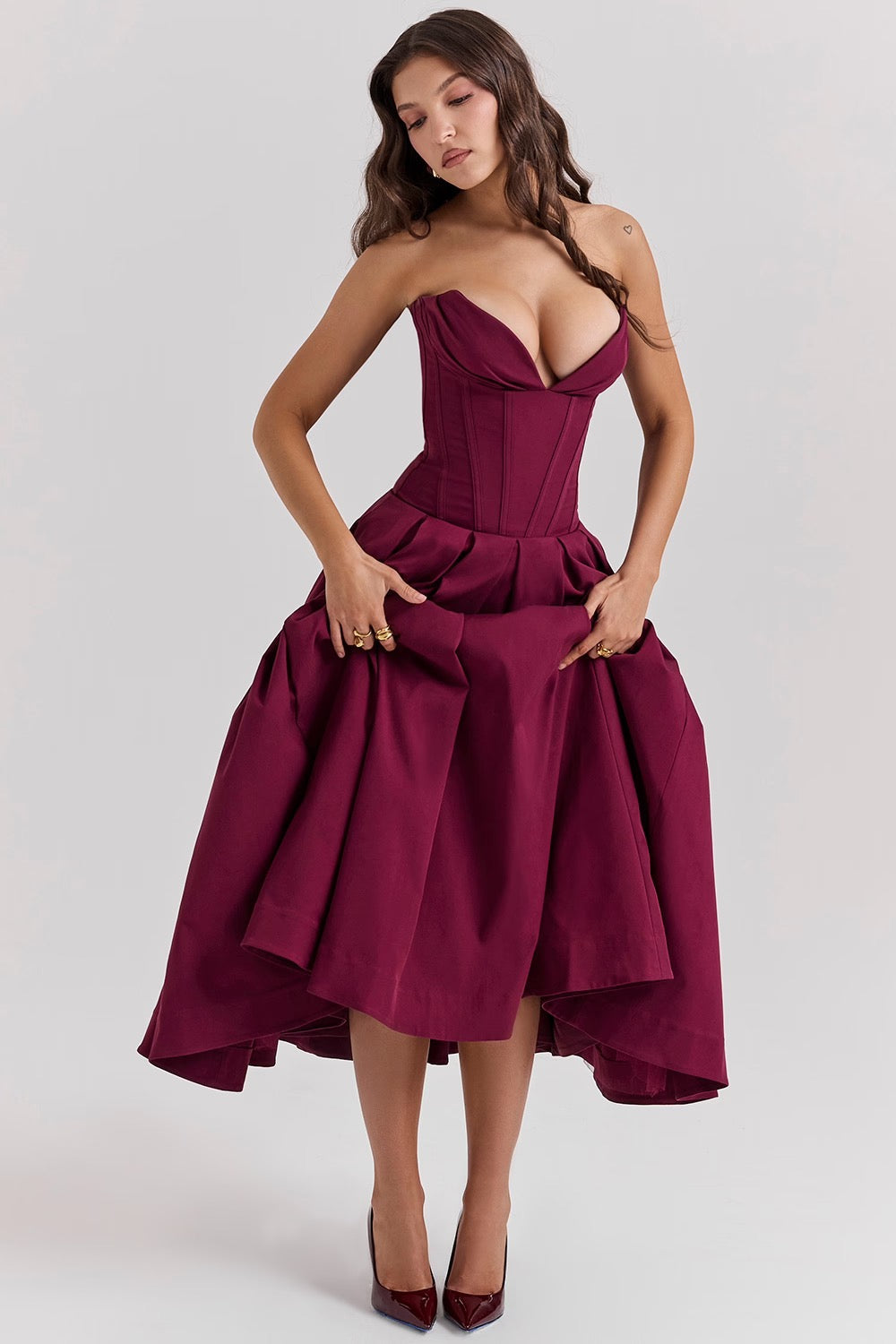 Black Pleated Boned Midi Dress Women UK – Romantic Silhouette Wedding Guest Evening Gown, Cocktail